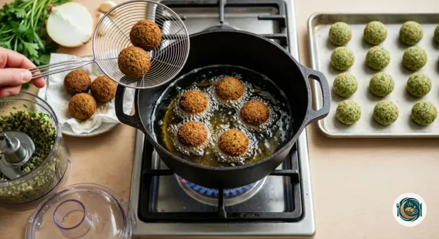 Cocotte noire en fonte sur le feu du gaz, remplie d’huile chaude qui bouillonne autour de cinq falafels brun doré, pendant qu’une main en sort deux avec une écumoire araignée en inox, à côté d’une assiette de falafels frits sur papier absorbant, du bol de robot et d’une plaque de boulettes crues