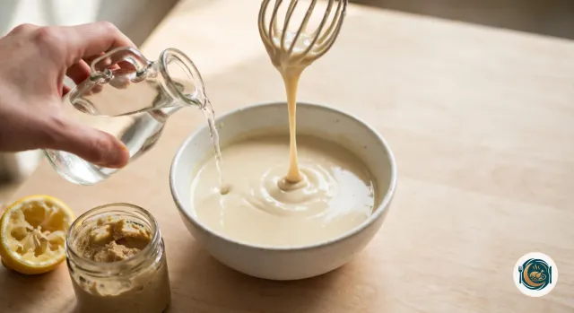 Bol en céramique de sauce tahini lisse et ivoire, assez fluide pour retomber en ruban d’un fouet levé au-dessus, pendant qu’une main y verse un filet d’eau d’un petit pichet en verre tenu par son anse, à côté d’un demi-citron pressé et d’un pot de purée de sésame