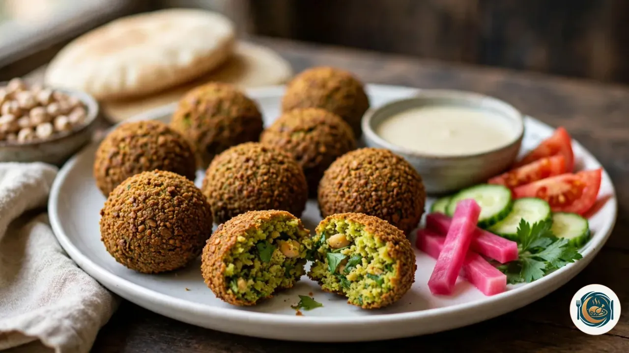 Assiette blanche garnie d’une dizaine de falafels ronds à la croûte brun doré, dont un cassé en deux montre un intérieur vert, piqué d’herbes et de grains de pois chiche, avec un bol de sauce tahini, des tranches de tomate et de concombre, des bâtonnets de navet rose et du persil, devant deux pains pita et un bol de pois chiches secs