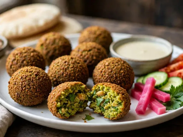 Assiette blanche garnie d’une dizaine de falafels ronds à la croûte brun doré, dont un cassé en deux montre un intérieur vert, piqué d’herbes et de grains de pois chiche, avec un bol de sauce tahini, des tranches de tomate et de concombre, des bâtonnets de navet rose et du persil, devant deux pains pita et un bol de pois chiches secs