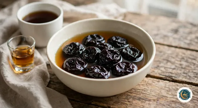 Bol en céramique rempli de pruneaux noirs, brillants et gonflés, qui trempent dans un liquide ambré, à côté d’une tasse de thé et d’un petit verre de rhum