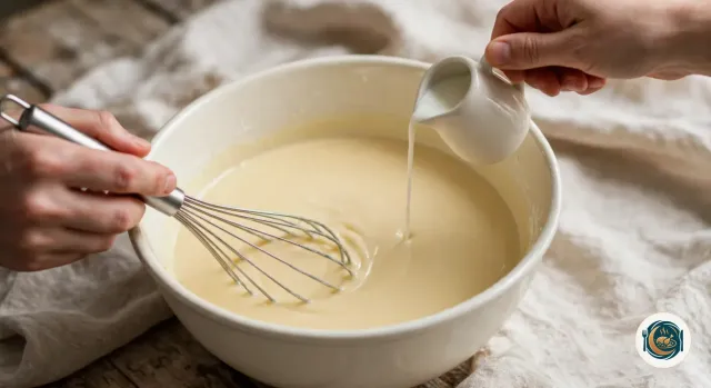 Grand saladier où un fouet tenu à la main mélange une pâte lisse, fluide et jaune pâle, pendant qu’une autre main verse un filet de lait d’un pot