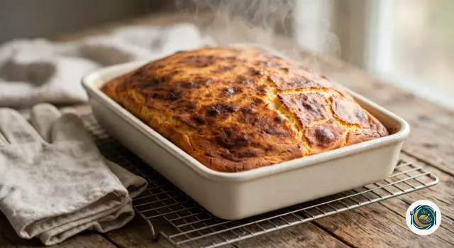Far breton qui sort du four dans son plat en céramique, gonflé au-dessus des bords, le dessus doré et brun par endroits, posé sur une grille avec des gants de cuisine