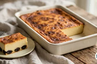 Far breton aux pruneaux dans un plat rectangulaire en céramique, le dessus doré et tacheté de brun, une part découpée posée sur une assiette à côté, dont la tranche montre une pâte dense et jaune pâle et des pruneaux noirs au fond