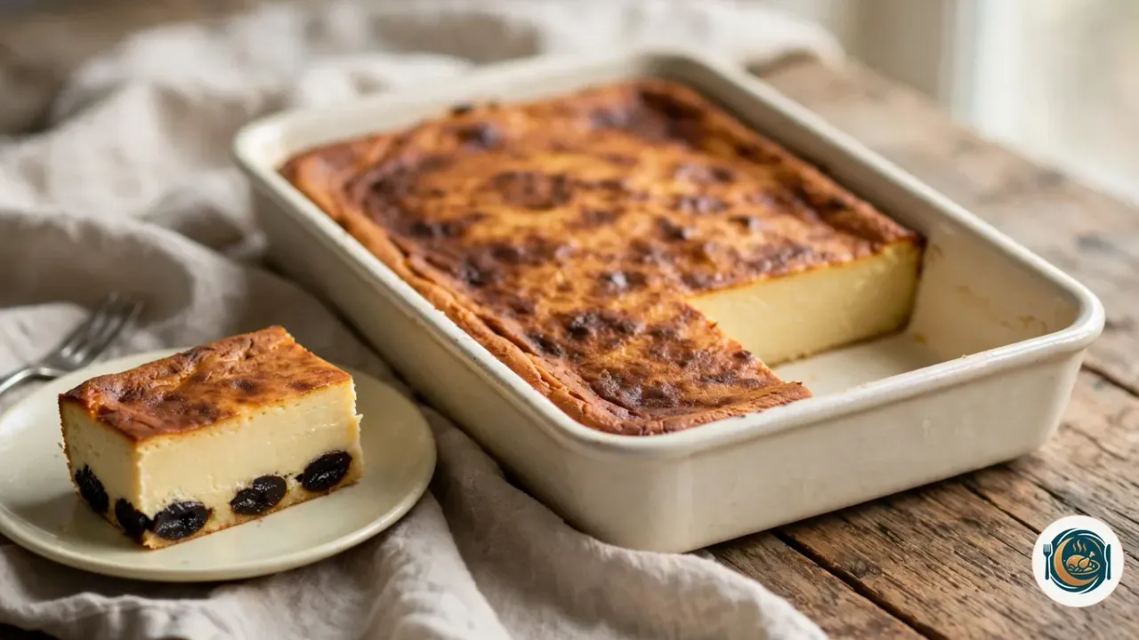Far breton aux pruneaux dans un plat rectangulaire en céramique, le dessus doré et tacheté de brun, une part découpée posée sur une assiette à côté, dont la tranche montre une pâte dense et jaune pâle et des pruneaux noirs au fond