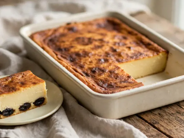 Far breton aux pruneaux dans un plat rectangulaire en céramique, le dessus doré et tacheté de brun, une part découpée posée sur une assiette à côté, dont la tranche montre une pâte dense et jaune pâle et des pruneaux noirs au fond