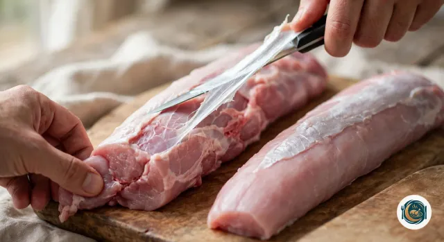 Lame d’un couteau glissée sous la fine membrane nacrée d’un filet mignon de porc cru, qui se détache en une longue bande, un second filet posé à côté sur une planche en bois