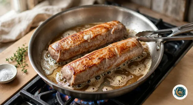 Deux filets mignons de porc qui dorent dans une grande poêle en inox, dans le beurre moussant, une pince posée sur le bord