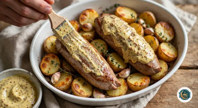 Pinceau qui étale un mélange de moutarde et de miel sur deux filets mignons saisis, posés sur des pommes de terre grenaille à moitié rôties dans un plat ovale blanc