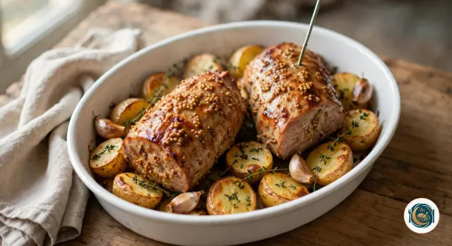 Deux filets mignons rôtis en croûte de moutarde et de miel sur les pommes de terre grenaille dorées, dans le plat ovale blanc sorti du four, une sonde plantée au cœur du plus gros