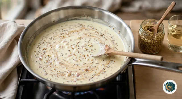 Sauce crémeuse à la moutarde à l’ancienne et à l’échalote qui frémit dans la poêle en inox de cuisson, une cuillère en bois dedans, un pot de moutarde et un verre de vin blanc à côté
