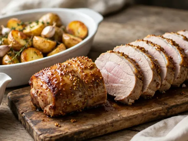 Filet mignon de porc rôti en croûte de moutarde à l’ancienne, tranché sur une planche en bois, le cœur rosé pâle, avec un plat ovale de pommes de terre grenaille rôties à l’ail et au thym et une saucière de sauce à la moutarde