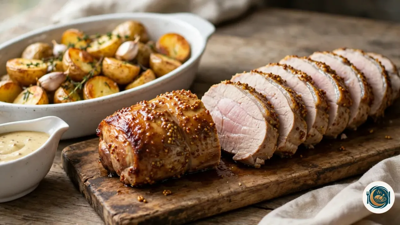 Filet mignon de porc rôti en croûte de moutarde à l’ancienne, tranché sur une planche en bois, le cœur rosé pâle, avec un plat ovale de pommes de terre grenaille rôties à l’ail et au thym et une saucière de sauce à la moutarde