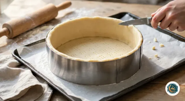 Main qui coupe au couteau la pâte brisée crue qui dépasse en haut d’un cercle à pâtisserie en inox, foncé de pâte jusqu’au bord et le fond piqué à la fourchette, sur une plaque couverte de papier cuisson, à côté d’un rouleau à pâtisserie et d’un peu de farine