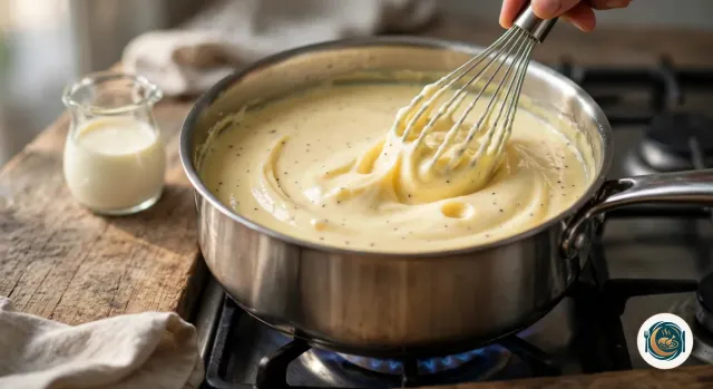 Main qui fouette une crème à la vanille très épaisse, lisse et brillante dans une casserole en inox posée sur le gaz, à côté d’un petit pot en verre de crème liquide