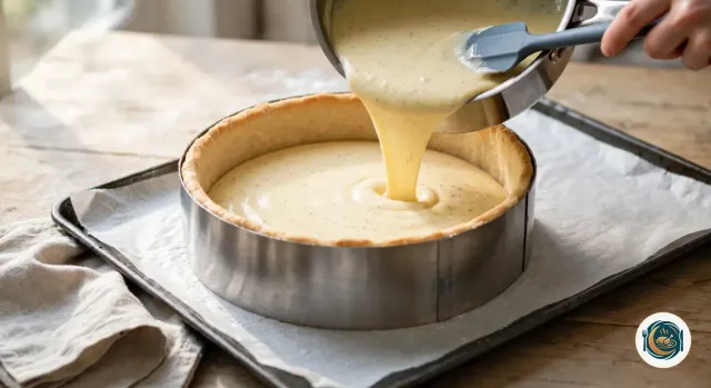 Main qui verse la crème à la vanille d’une casserole en inox dans le fond de pâte précuit et doré, à l’intérieur d’un cercle à pâtisserie posé sur une plaque couverte de papier cuisson