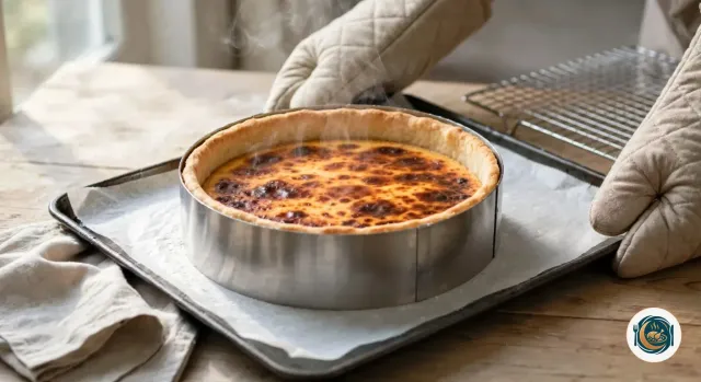 Flan pâtissier tout juste sorti du four, encore dans son cercle en inox, le dessus taché de brun foncé et de caramel et la pâte dorée tout autour, sur une plaque posée par des mains en maniques à côté d’une grille de refroidissement