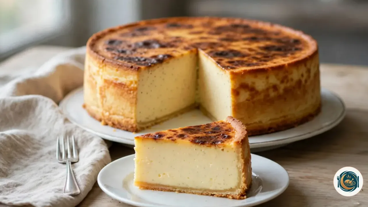 Grand flan pâtissier haut, au dessus taché de brun foncé et de caramel, posé sur un plat à gâteau blanc avec une part découpée, et devant lui une part sur une petite assiette, qui montre une crème épaisse, lisse et jaune pâle sur une fine pâte dorée, à côté d’une fourchette à dessert sur une serviette en lin