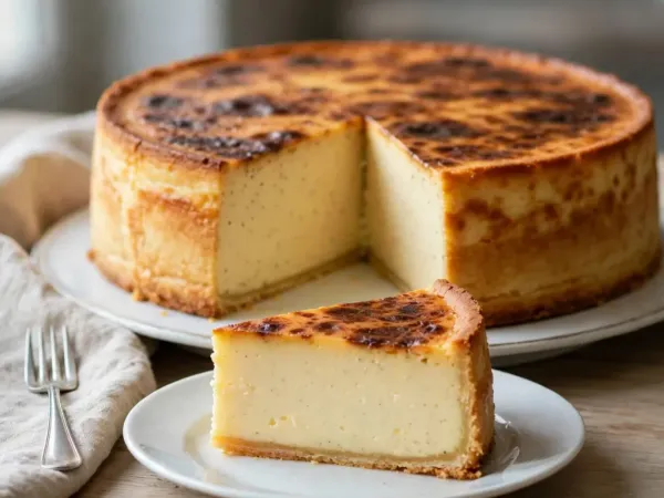 Grand flan pâtissier haut, au dessus taché de brun foncé et de caramel, posé sur un plat à gâteau blanc avec une part découpée, et devant lui une part sur une petite assiette, qui montre une crème épaisse, lisse et jaune pâle sur une fine pâte dorée, à côté d’une fourchette à dessert sur une serviette en lin