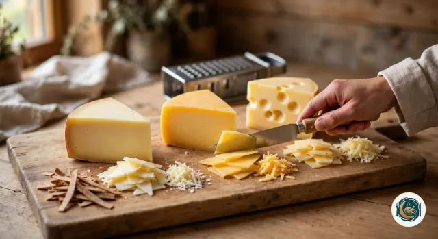 Planche en bois avec trois morceaux de fromage de montagne, l’un ivoire, l’un doré, le troisième pâle et percé de trous, chacun entouré de fines lamelles et de fromage râpé, pendant qu’une main tranche le fromage doré au couteau devant une râpe et un petit tas de croûtes retirées