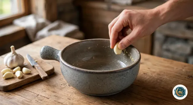 Main qui frotte une demi-gousse d’ail contre la paroi intérieure d’un caquelon en céramique grise vide, posé sur une table en bois à côté d’une tête d’ail, de quelques gousses épluchées et d’un petit couteau sur une planche