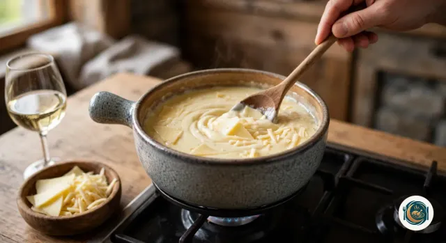 Caquelon en céramique grise sur la flamme d’une gazinière, rempli de vin blanc et de fromage à moitié fondu où l’on voit encore des lamelles, remué à la cuillère en bois par une main, à côté d’un bol de fromage en attente et d’un verre de vin blanc