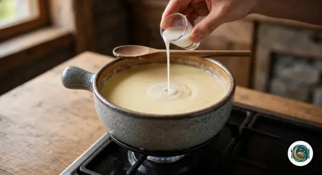 Main qui verse un filet de liquide blanc laiteux, de la maïzena délayée, depuis un petit verre au centre d’une fondue lisse et dorée, dans un caquelon en céramique grise posé sur une gazinière, une cuillère en bois en travers du bord