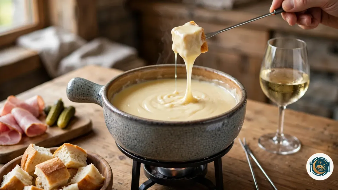 Caquelon en céramique grise posé sur son réchaud, rempli d’une fondue au fromage lisse et dorée, d’où une main soulève un cube de pain nappé de fromage au bout d’une longue fourchette, entre un bol de cubes de pain croustillant, un verre de vin blanc et une planche de jambon et de cornichons