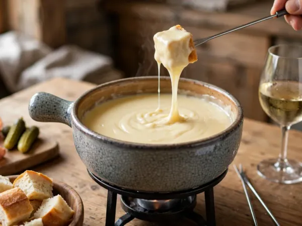 Caquelon en céramique grise posé sur son réchaud, rempli d’une fondue au fromage lisse et dorée, d’où une main soulève un cube de pain nappé de fromage au bout d’une longue fourchette, entre un bol de cubes de pain croustillant, un verre de vin blanc et une planche de jambon et de cornichons