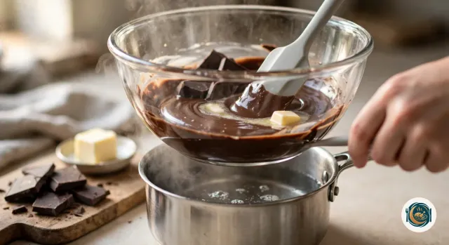 Grand bol en verre posé sur une casserole d’eau chaude, où le chocolat noir et le beurre fondent ensemble en un mélange brun brillant remué à la spatule, à côté de morceaux de chocolat sur une planche et d’un petit plat de beurre