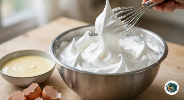 Main qui soulève un fouet couvert de blancs en neige fermes et brillants au-dessus d’un saladier en inox, à côté d’un bol de jaunes fouettés avec le sucre et de coquilles d’œufs vides