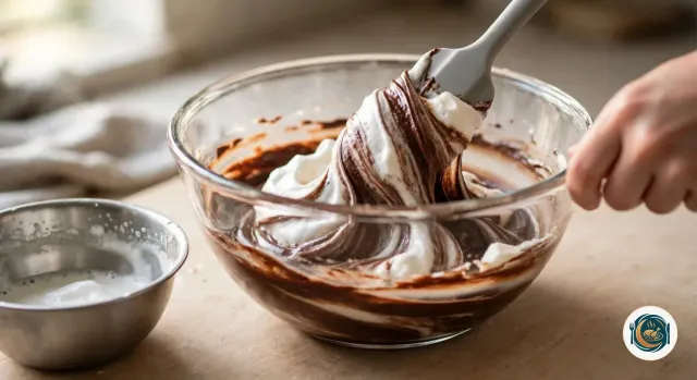 Spatule qui incorpore des blancs en neige à une pâte au chocolat dans un grand bol en verre, avec des marbrures blanches et brunes, à côté d’un saladier en inox où reste un peu de blanc