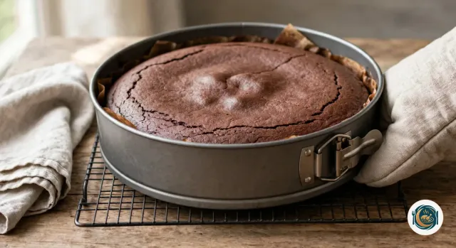 Gâteau au chocolat entier à la surface craquelée, encore dans son moule à charnière chemisé de papier cuisson, posé sur une grille à la sortie du four, tenu par une main gantée de lin