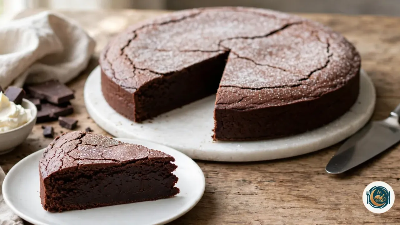 Gâteau au chocolat rond et peu épais, à la croûte fine et craquelée saupoudrée de sucre glace, sur un plat en marbre blanc, une part posée devant sur une assiette montrant un intérieur dense, humide et fondant, à côté de morceaux de chocolat noir, d’un bol de crème fouettée et d’une pelle à tarte