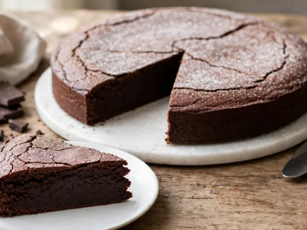 Gâteau au chocolat rond et peu épais, à la croûte fine et craquelée saupoudrée de sucre glace, sur un plat en marbre blanc, une part posée devant sur une assiette montrant un intérieur dense, humide et fondant, à côté de morceaux de chocolat noir, d’un bol de crème fouettée et d’une pelle à tarte