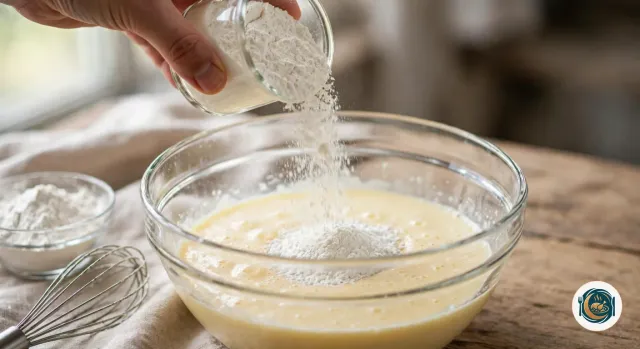 Main qui verse la farine d’un pot de yaourt en verre dans un saladier de pâte jaune pâle, à côté d’un fouet et d’un bol de farine