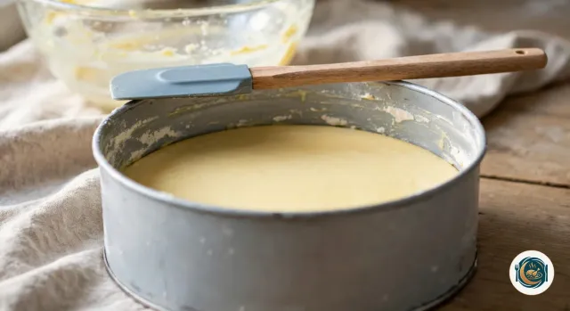 Pâte à gâteau jaune pâle et lisse dans un moule rond en métal beurré et fariné, une spatule souple posée sur le bord, le saladier vide à l’arrière-plan