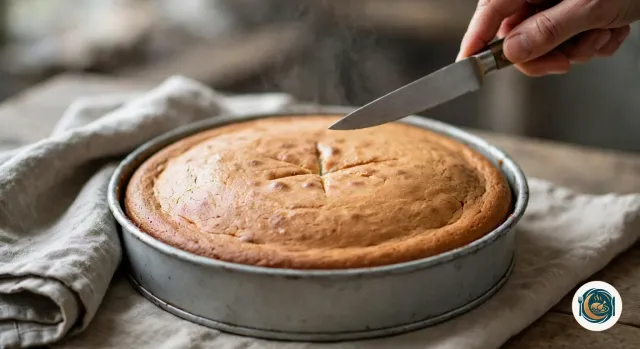 Gâteau au yaourt doré encore dans son moule rond en métal, et une main qui retire du centre un couteau à la lame propre et sèche