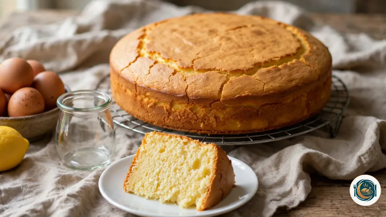 Gâteau au yaourt rond et doré, au dessus légèrement craquelé, sur une grille à pâtisserie, avec une part posée sur une assiette blanche qui montre sa mie jaune pâle et aérée, à côté d’un pot de yaourt en verre vide, d’un bol d’œufs et d’un citron