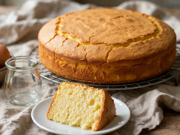 Gâteau au yaourt rond et doré, au dessus légèrement craquelé, sur une grille à pâtisserie, avec une part posée sur une assiette blanche qui montre sa mie jaune pâle et aérée, à côté d’un pot de yaourt en verre vide, d’un bol d’œufs et d’un citron