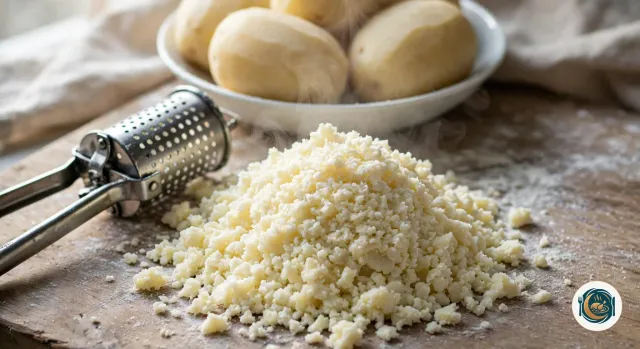Pommes de terre passées au presse-purée en un petit tas léger et fumant sur une planche farinée, le presse-purée posé à côté et un bol de pommes de terre épluchées derrière