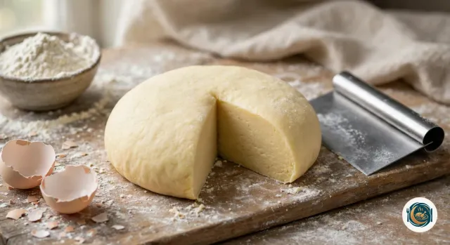 Pâte à gnocchis lisse et souple rassemblée en boule sur une planche farinée, un quart déjà coupé avec une corne en inox, à côté d’un bol de farine et de coquilles d’œuf