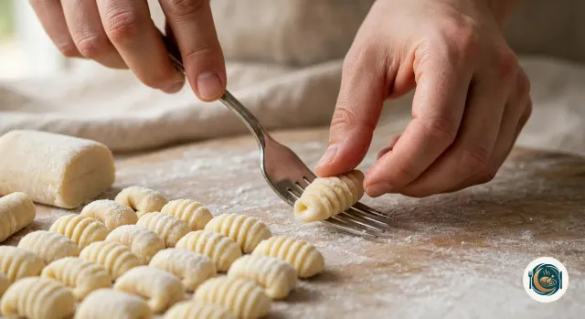 Deux mains qui roulent un morceau de pâte à gnocchis sur le dos d’une fourchette, à côté de rangées de gnocchis striés et farinés sur une planche en bois