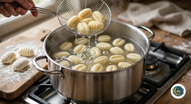 Gnocchis qui remontent à la surface d’une grande casserole d’eau bouillante sur le feu, une main en retire quelques-uns avec une araignée en inox