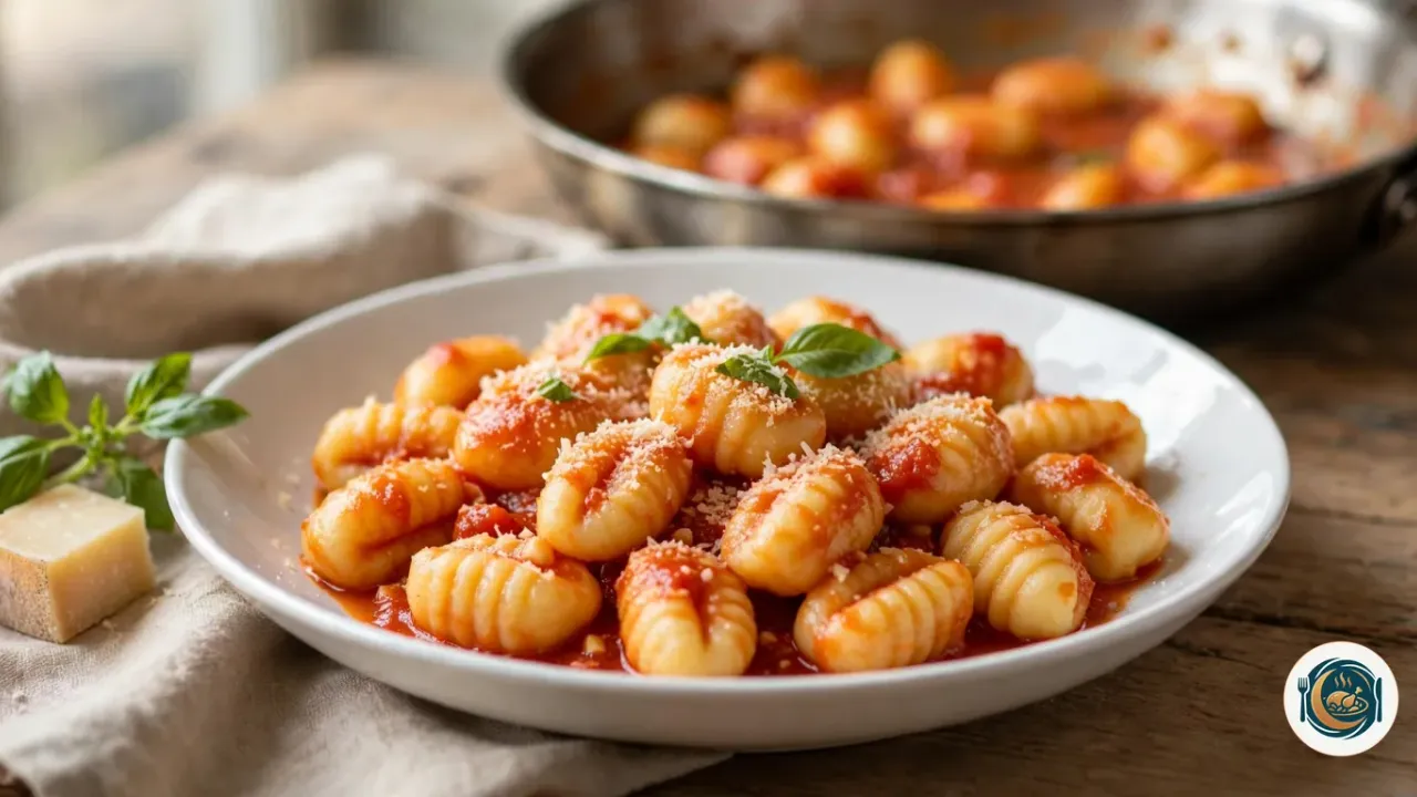 Gnocchis maison à la pomme de terre, striés à la fourchette, dans une sauce tomate avec des feuilles de basilic et du parmesan râpé, servis dans une assiette creuse blanche, la sauteuse en inox derrière