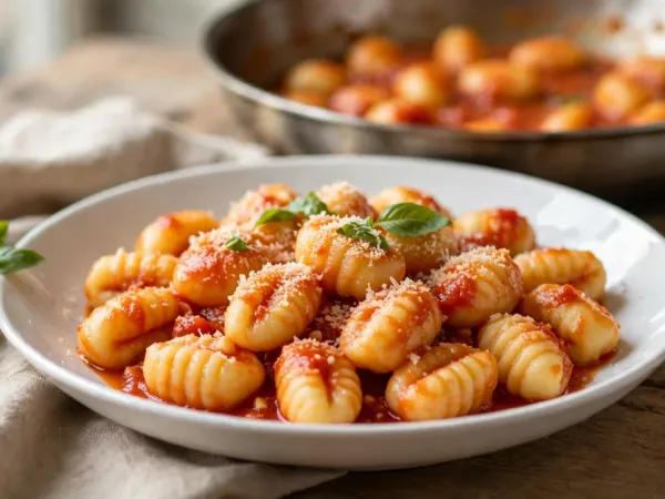 Gnocchis maison à la pomme de terre, striés à la fourchette, dans une sauce tomate avec des feuilles de basilic et du parmesan râpé, servis dans une assiette creuse blanche, la sauteuse en inox derrière