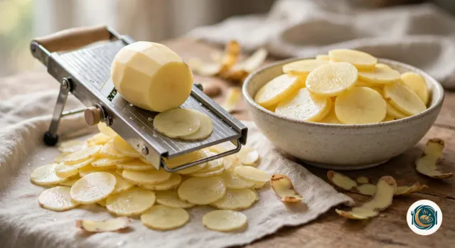 Pomme de terre épluchée coupée en fines rondelles de 3 mm sur une mandoline, un tas de rondelles non rincées dans un saladier à côté