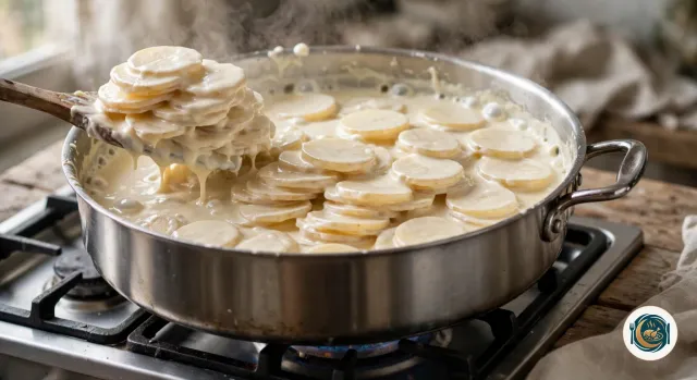 Rondelles de pommes de terre qui frémissent dans un lait épaissi et nappant, remuées avec une spatule en bois dans une grande casserole