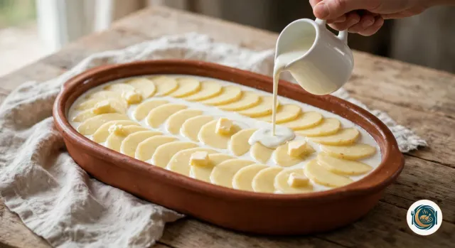 Crème versée d’un pot sur les rondelles de pommes de terre bien rangées dans un plat à gratin en terre cuite, avec quelques noisettes de beurre