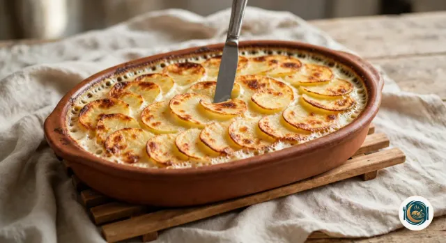 Lame de couteau plantée dans un gratin dauphinois doré qui sort du four, la crème encore bouillonnante sur les bords du plat